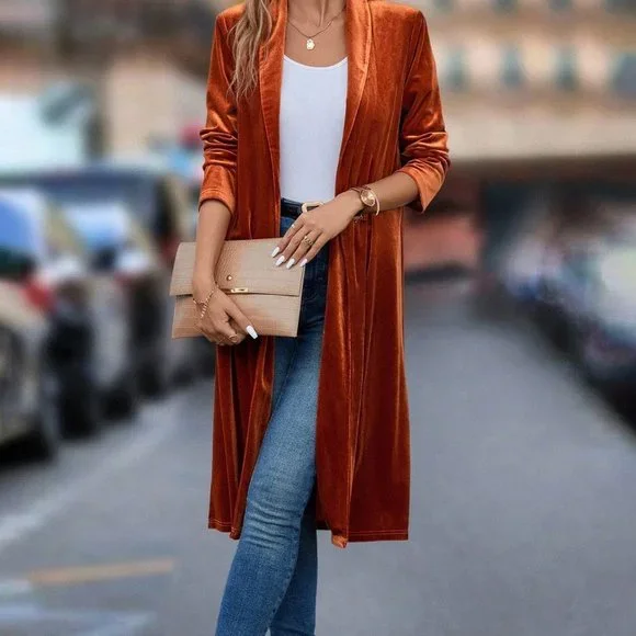 Burnt Orange Casual Womens Shawl Collar Open Front Velvet Coat - Picture 6 of 6